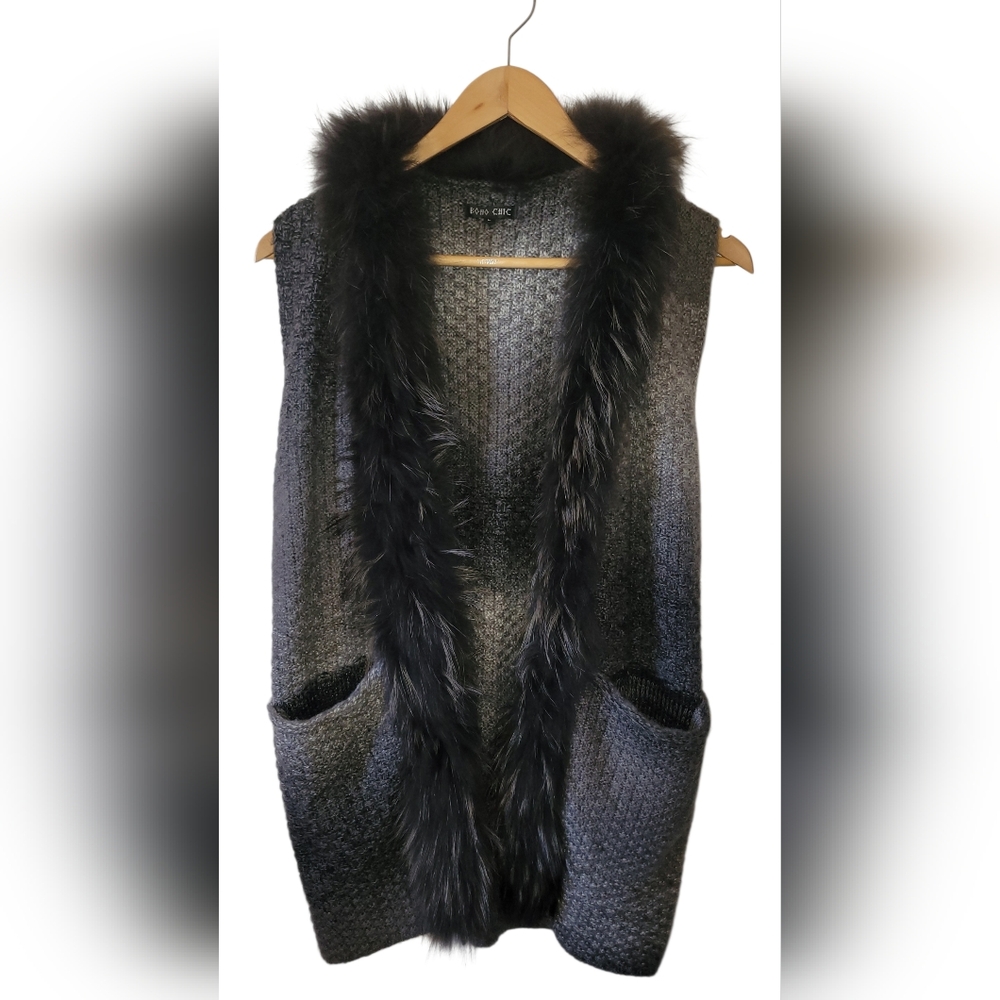 Real Fur Trim Cardigan Vest Large Boho Chic Gray Ombre Open Front Y2K Style
